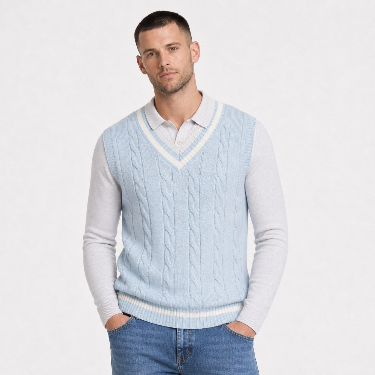 Men's Cable-Knit V-Neck Sweater Vest Striped Trim Regular Fit