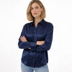 Women's Satin Blouse Long Sleeve Button-Down Point Collar Relaxed Fit