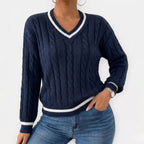 Women's Knit Jumper Cable V-Neck Cricket Stripe Regular Fit