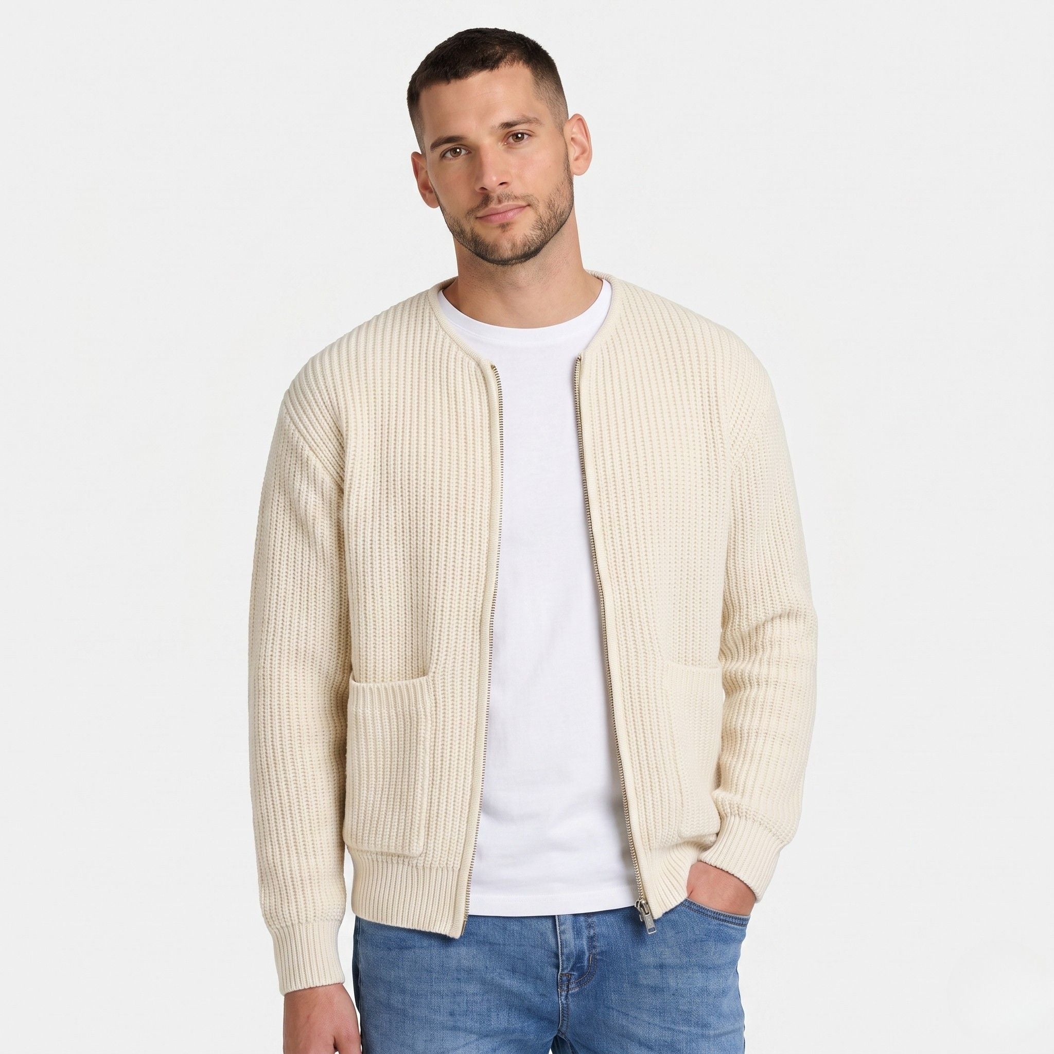 Men's Knit Cardigan Zip Ribbed Regular Fit