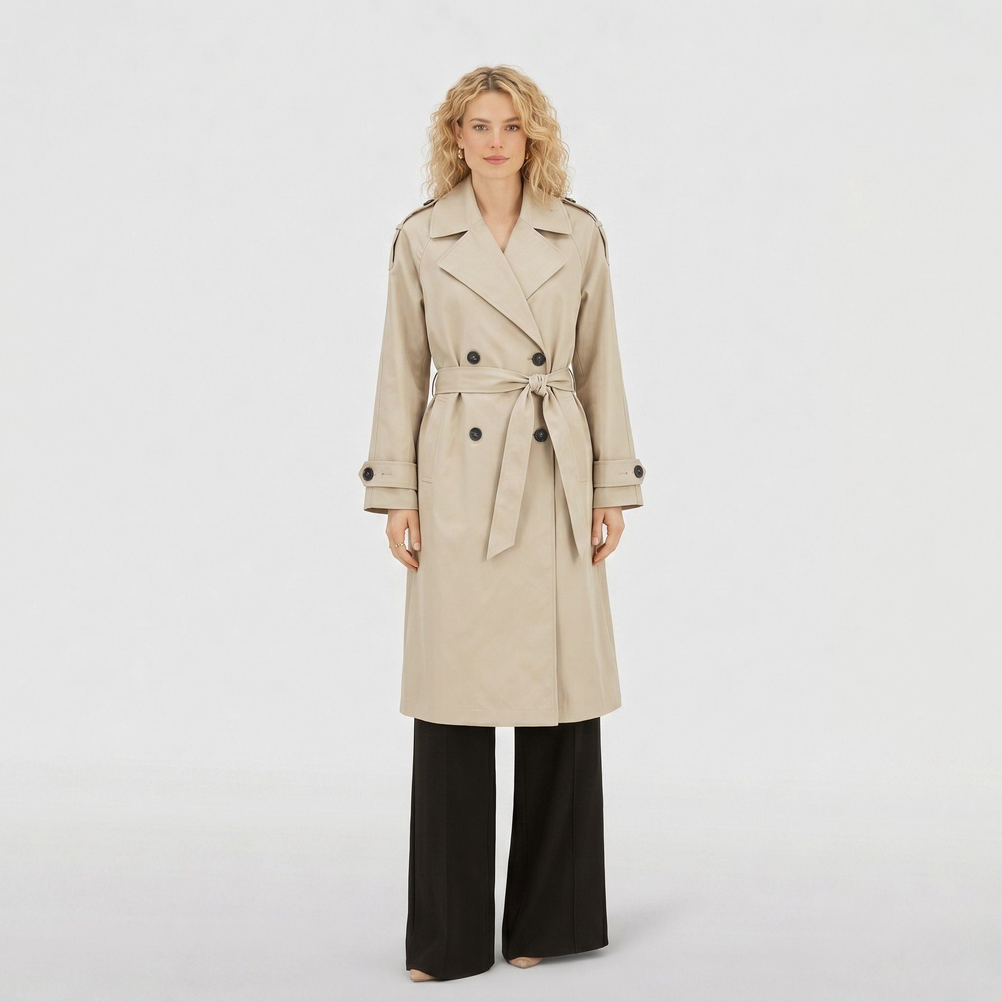 Women's Trench Coat Double-Breasted Belted Longline Relaxed Fit