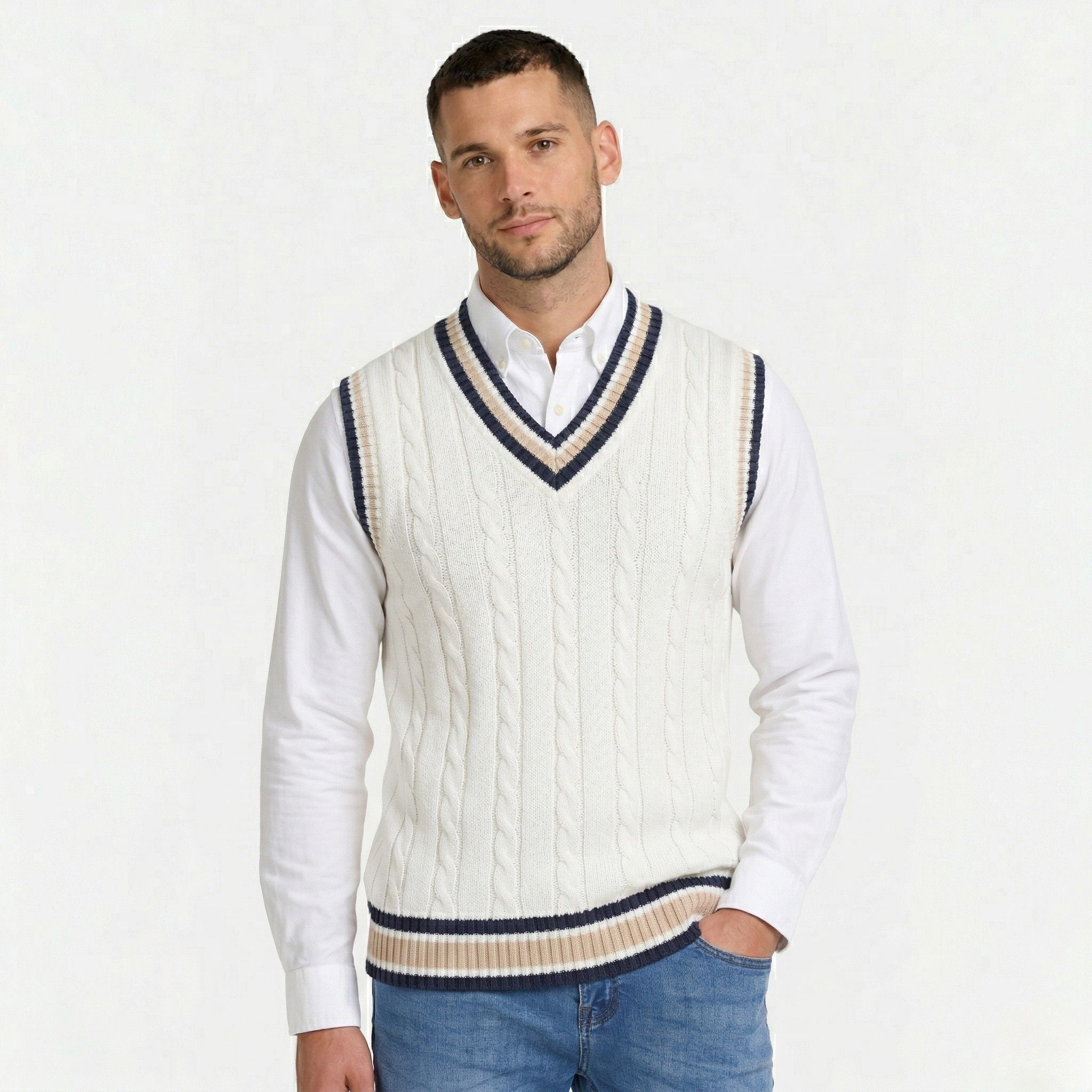 Men's Classic Knit Jumper V Neck Cable Wool Business Wear