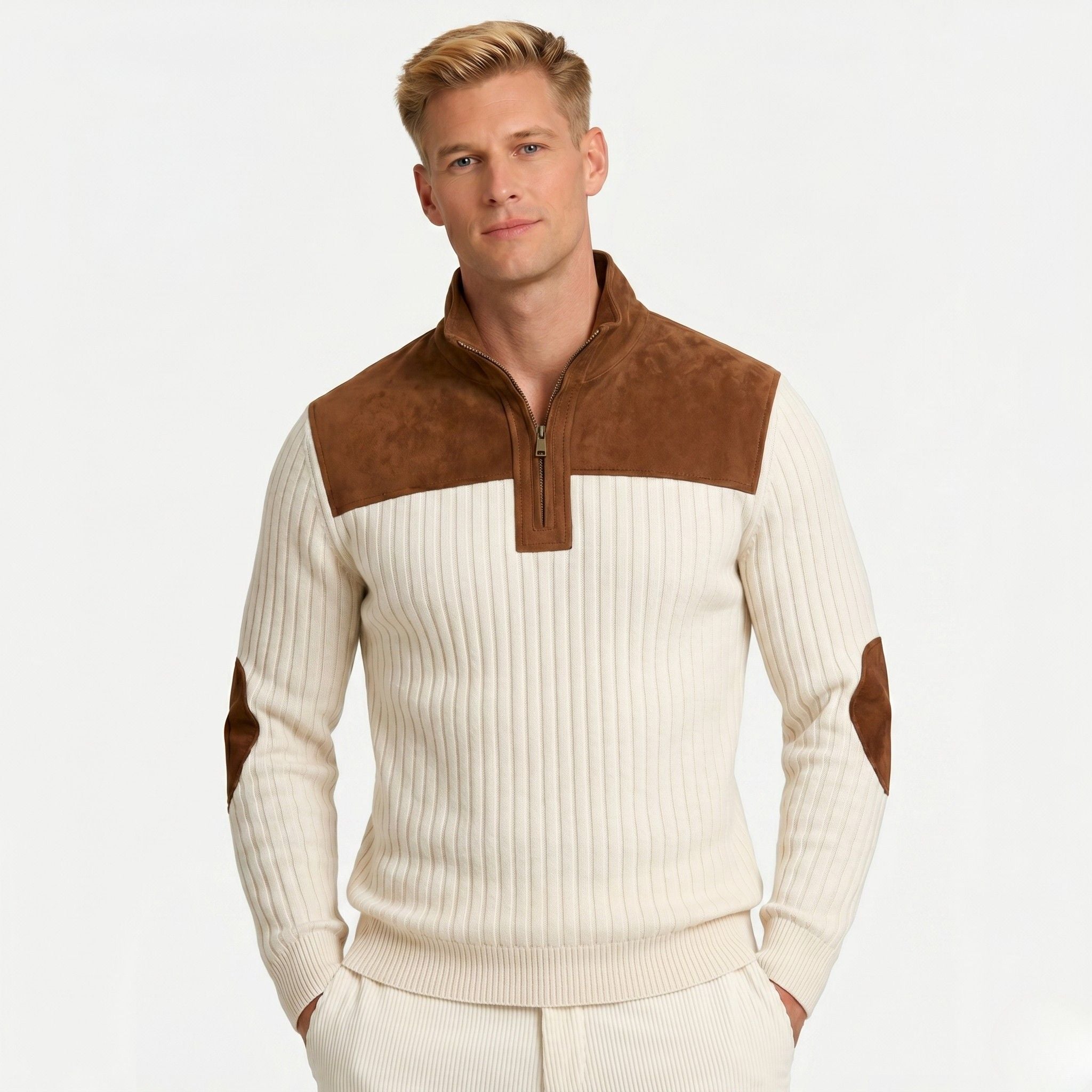 Men's Knit Jumper Quarter-Zip Ribbed Elbow Patches Regular Fit