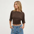 Women's Ruched Crop Top Dolman Sleeve Fitted Waist
