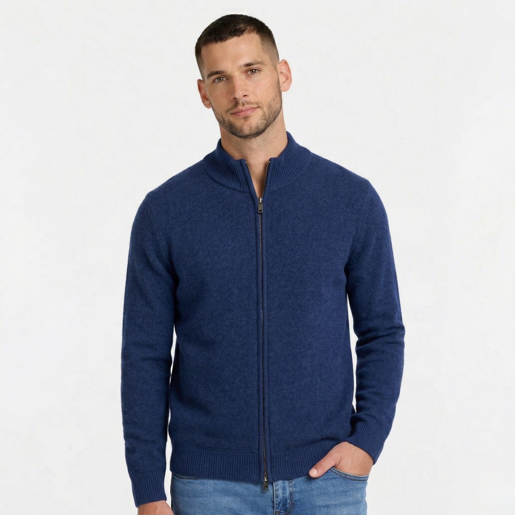Men's Knit Cardigan Wool-Blend Zip Funnel Neck Regular Fit
