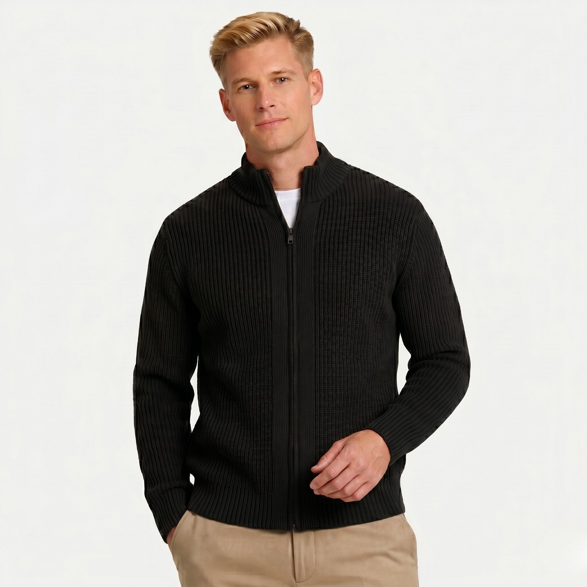 Men's Knit Cardigan Ribbed Full-Zip Funnel Neck Regular Fit