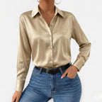 Women's Satin Blouse Long Sleeve Button-Down Point Collar Relaxed Fit