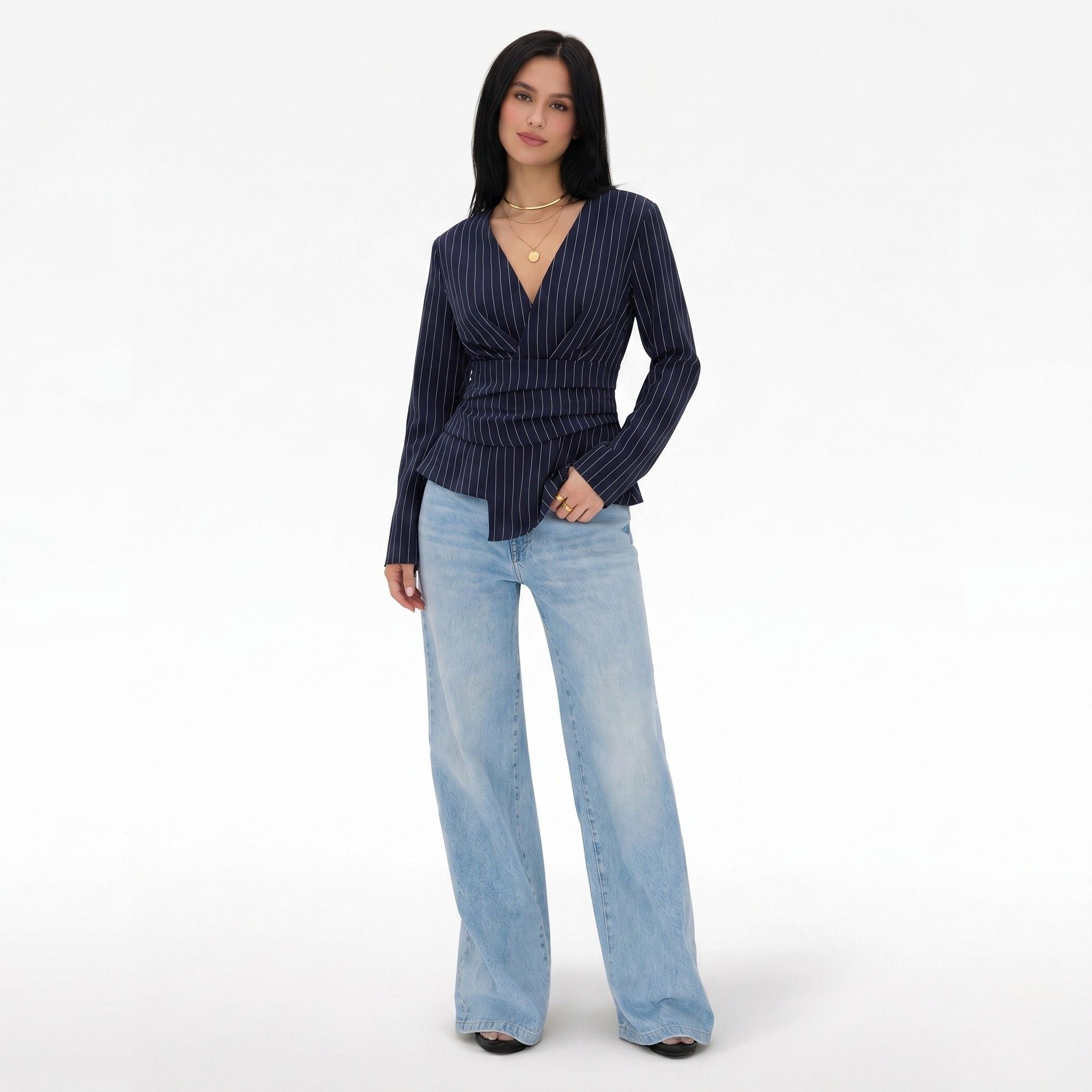 Women's Pinstripe Blouse Long Sleeve Wrap Fitted Waist