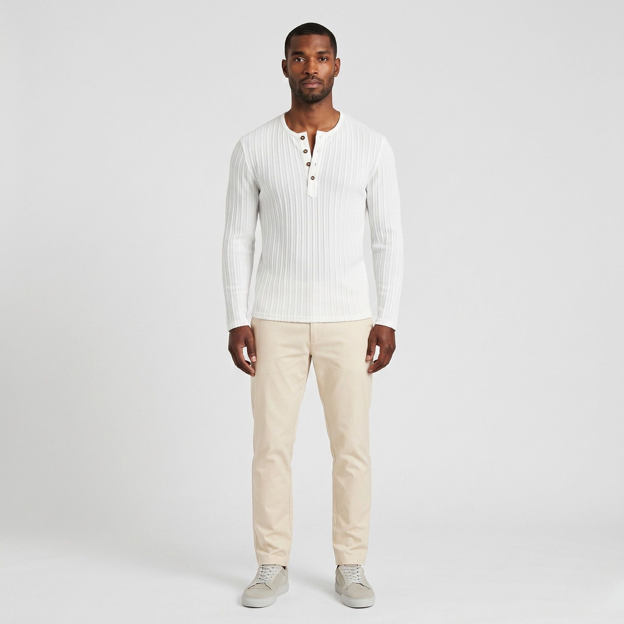 Men's Ribbed Knit Henley Top Long Sleeves Slim Fit
