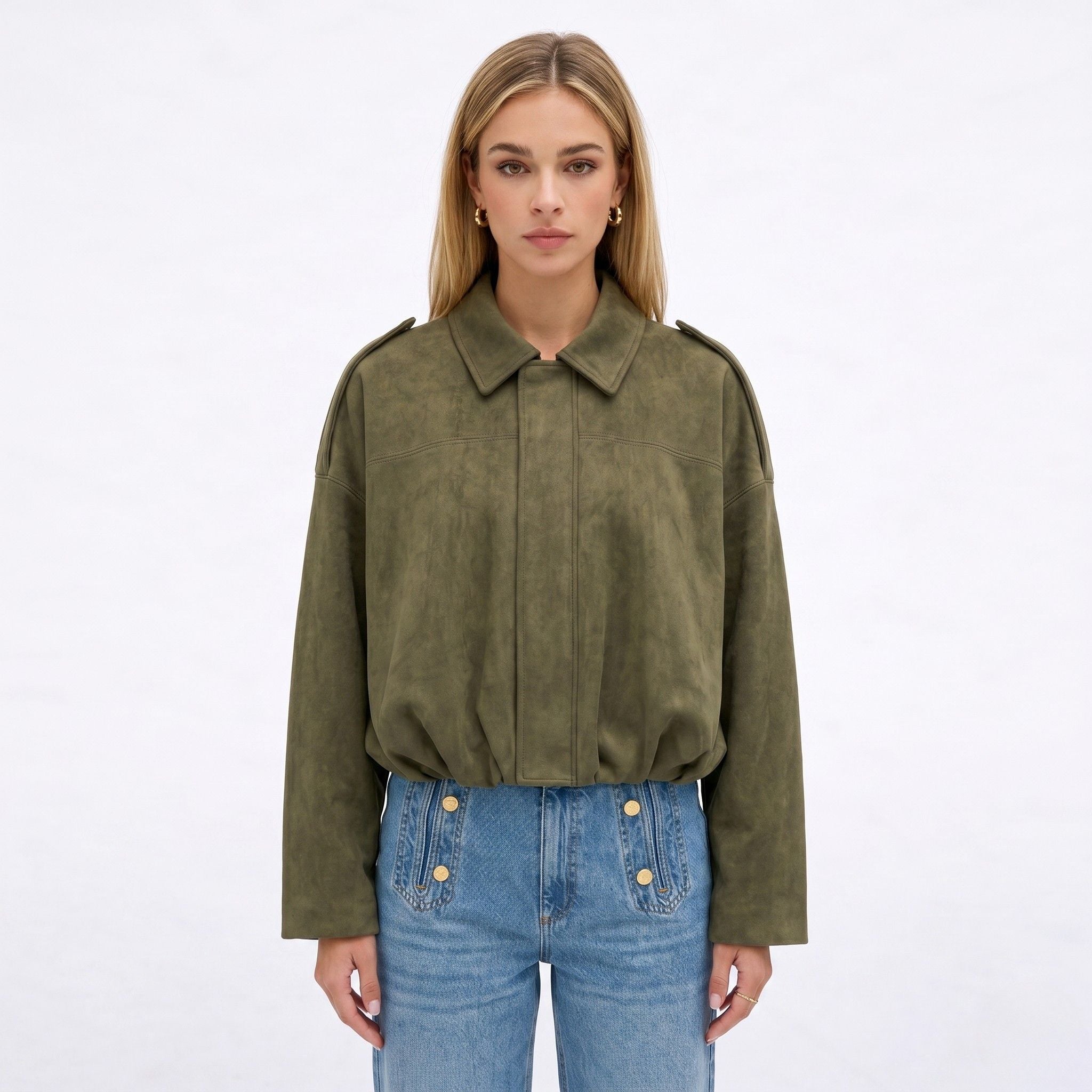 Women's Faux Suede Bomber Jacket Point Collar Oversized Fit