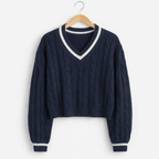 Women's Knit Jumper Cable V-Neck Cricket Stripe Regular Fit