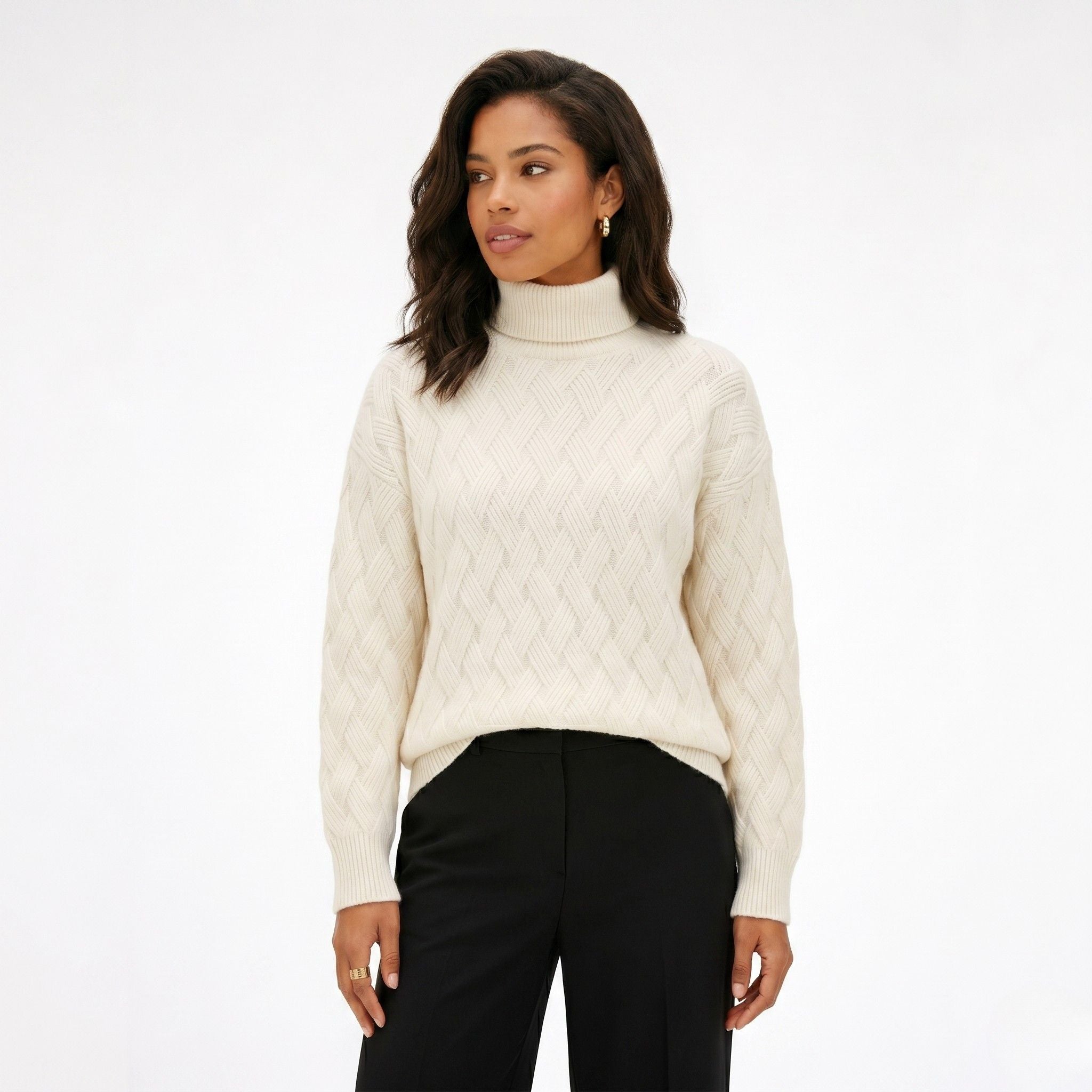 Women's Turtleneck Knit Jumper Basketweave Regular Fit