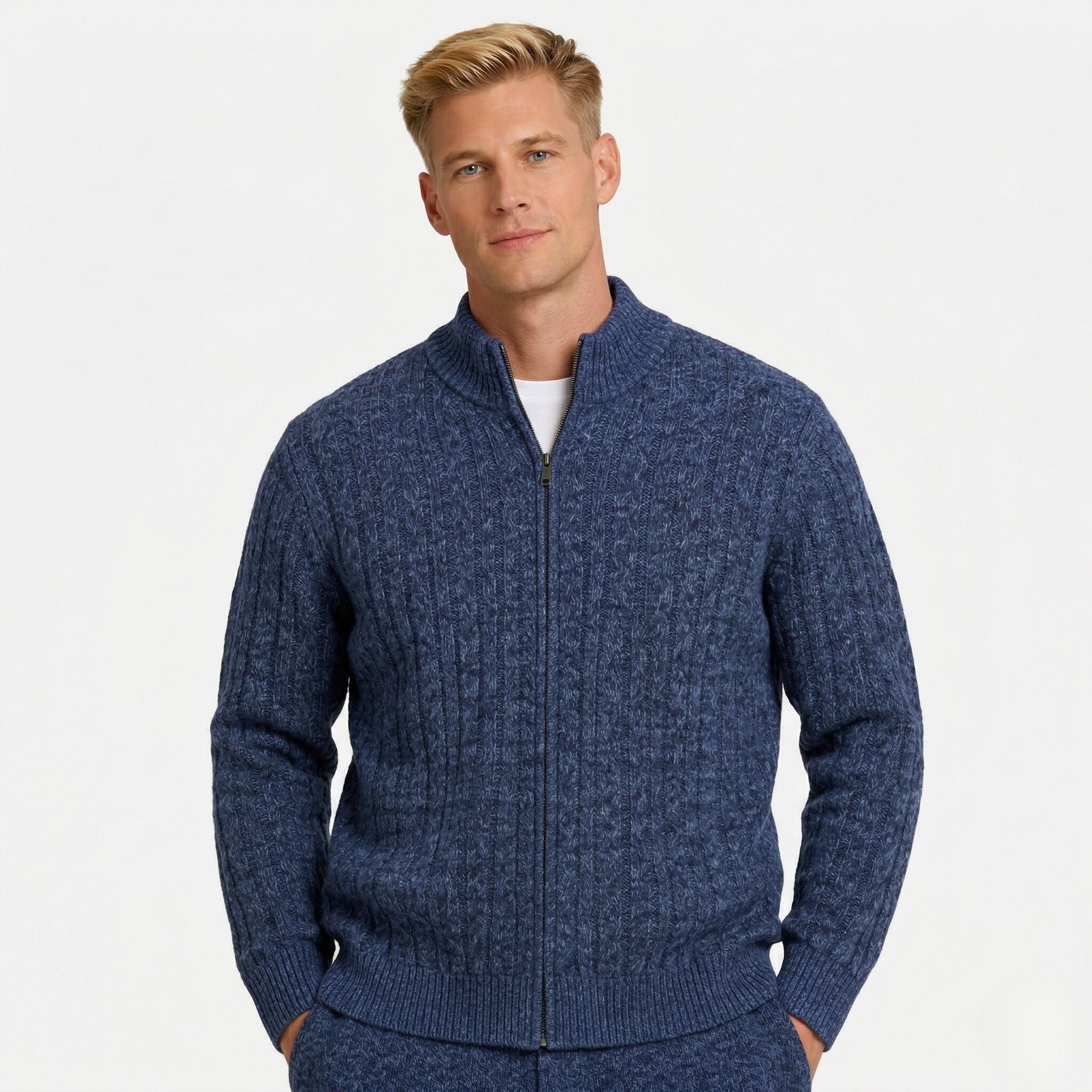 Men's Knit Jumper Cardigan Full-Zip Cable Regular Fit