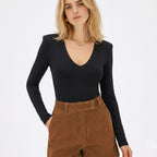 Women's V-Neck Top V-Neck Structured Shoulder Long Sleeve
