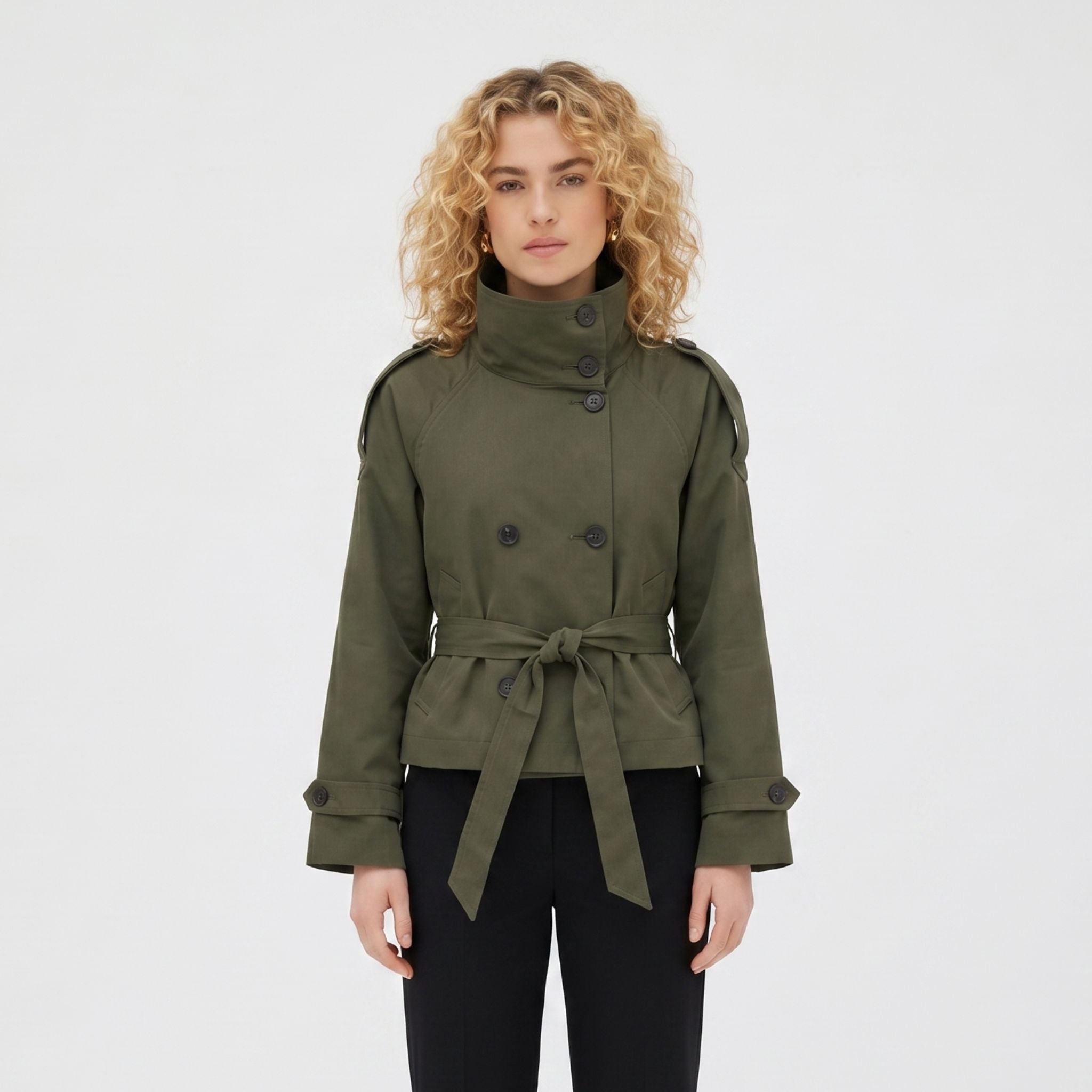 Women's Double-Breasted Trench Jacket Funnel Neck Tailored Fit