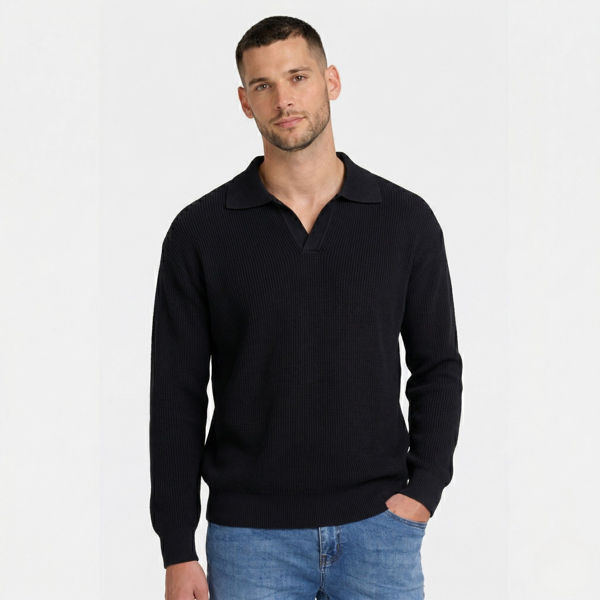 Men's Knit Polo Ribbed Long Sleeve Open Collar Regular Fit