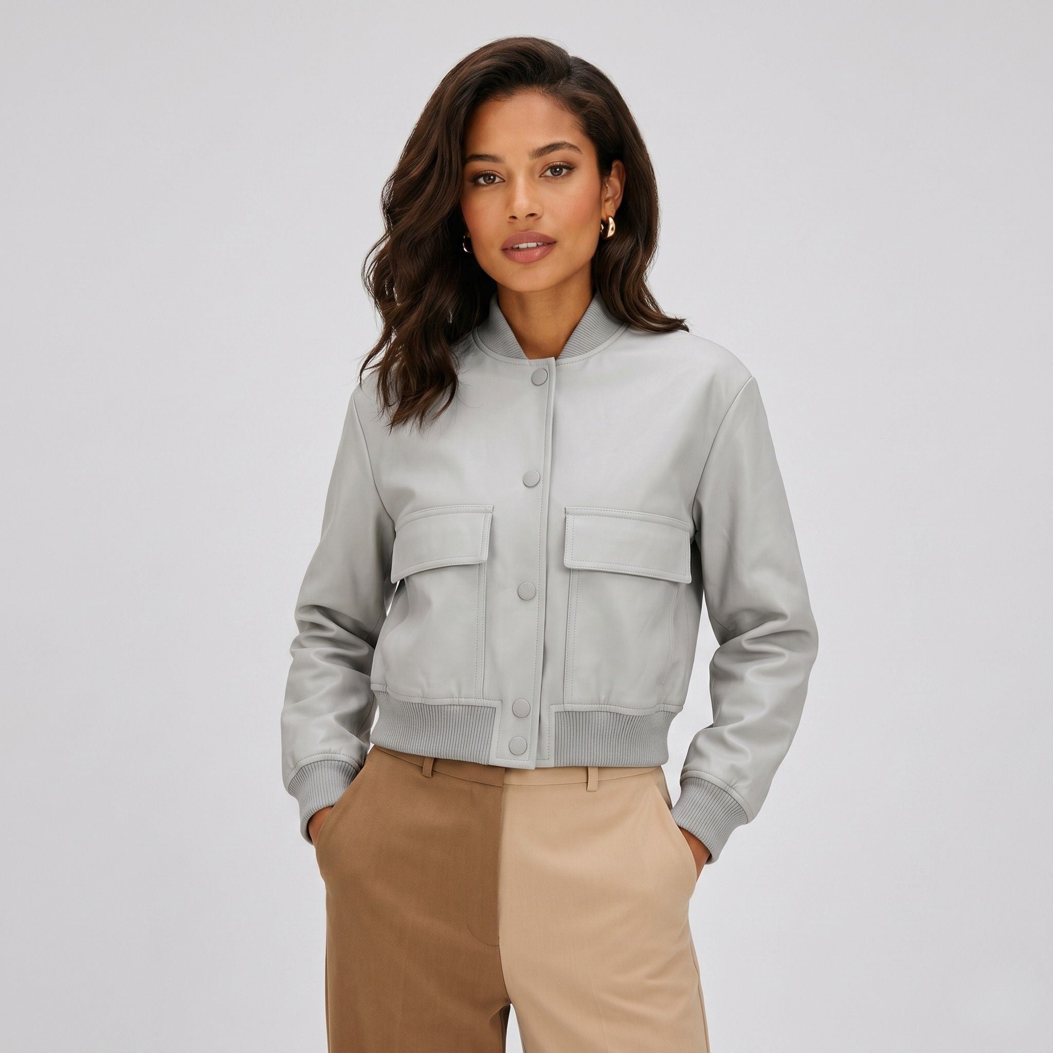Women's Cropped Bomber Jacket Dual Patch Pocket Regular Fit