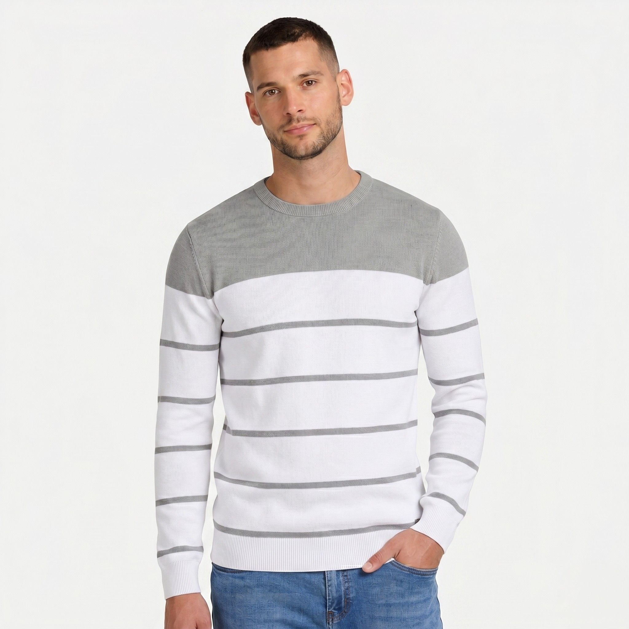 Men's Stripe Jumper Crew Neck Colour Block Regular Fit