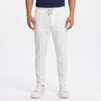 Men's Waffle Knit Trousers Elasticated Drawstring Waist Pintuck Seam Slim Fit