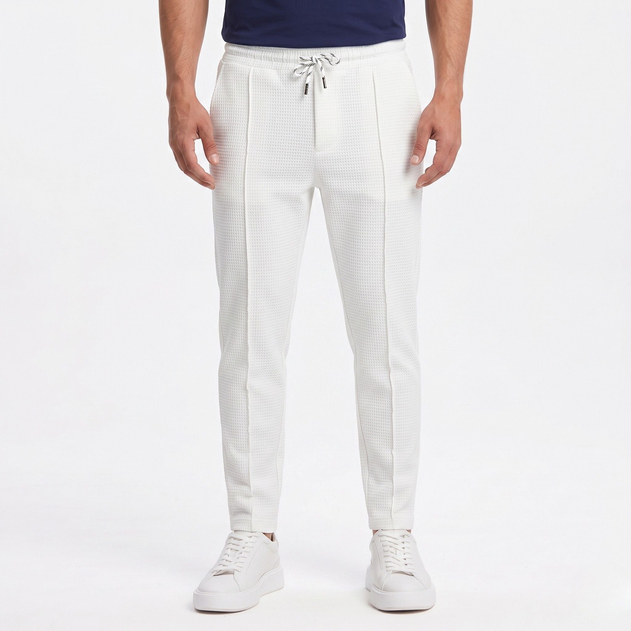 Men's Waffle Knit Trousers Elasticated Drawstring Waist Pintuck Seam Slim Fit