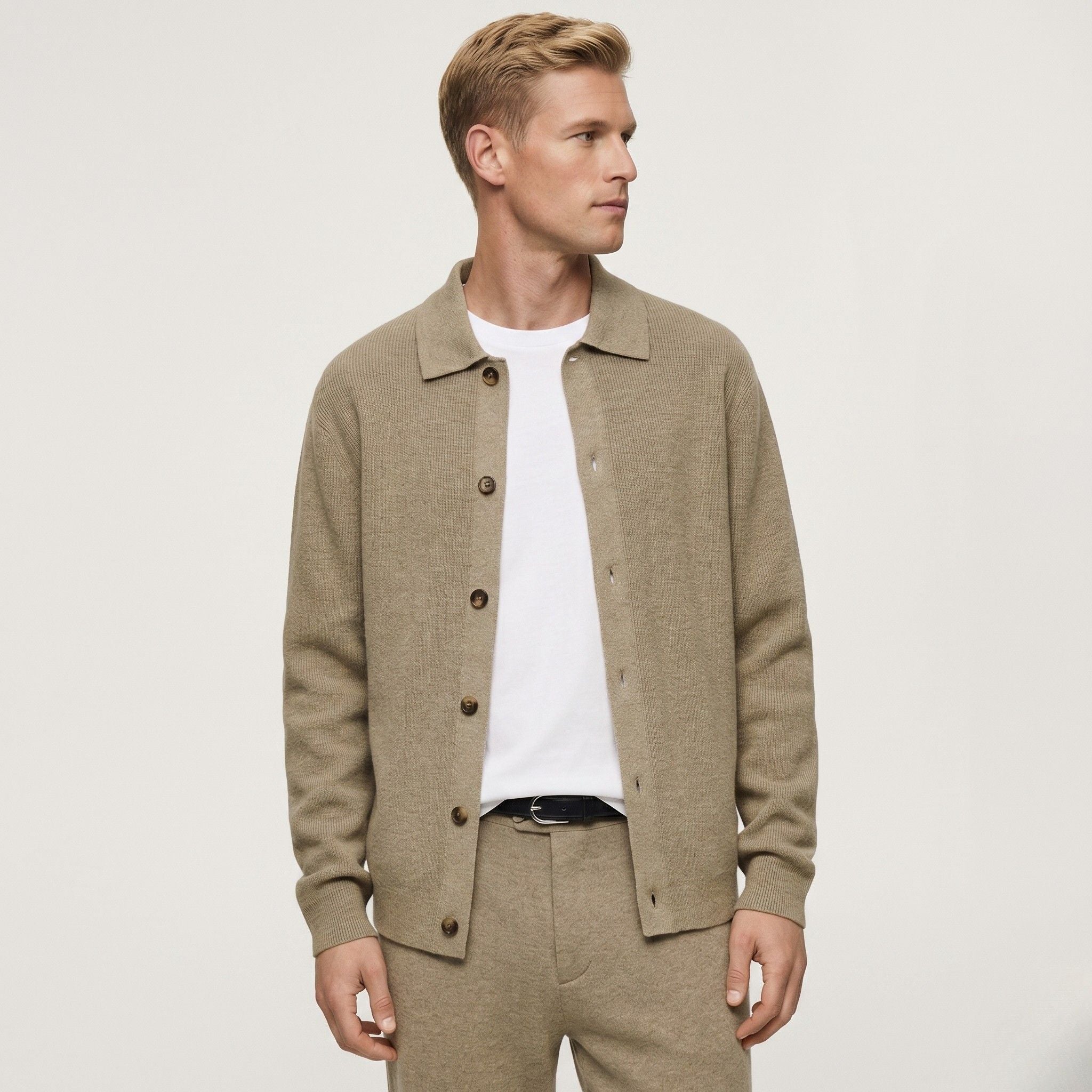 Men's Knit Cardigan Shirt Collar Button-Through Ribbed Regular Fit