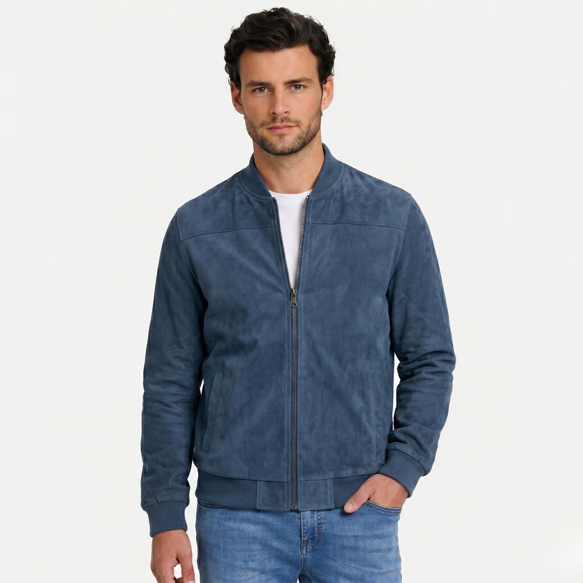 Men's Zip Bomber Jacket Ribbed Collar Regular Fit