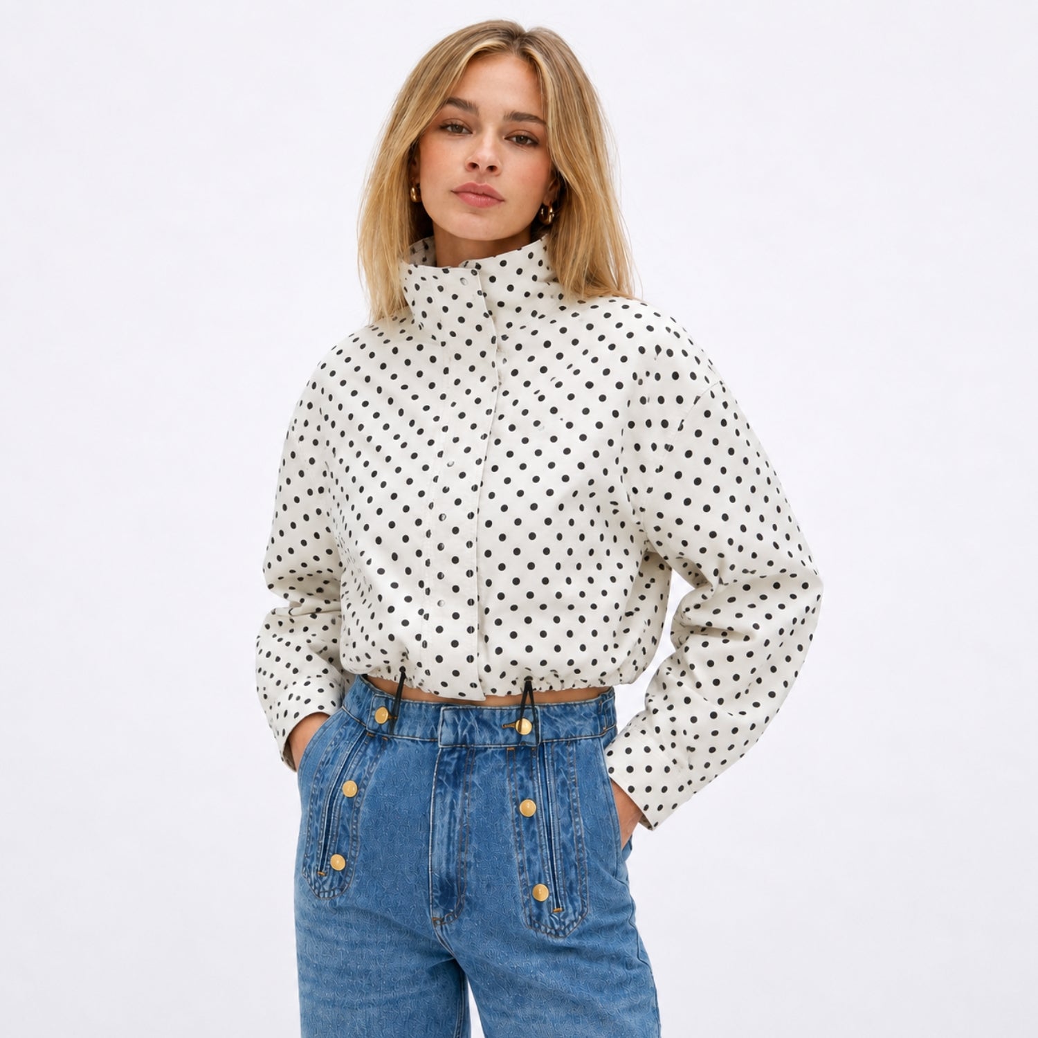 Women's Polka Dot Jacket Funnel Neck Cropped Fit
