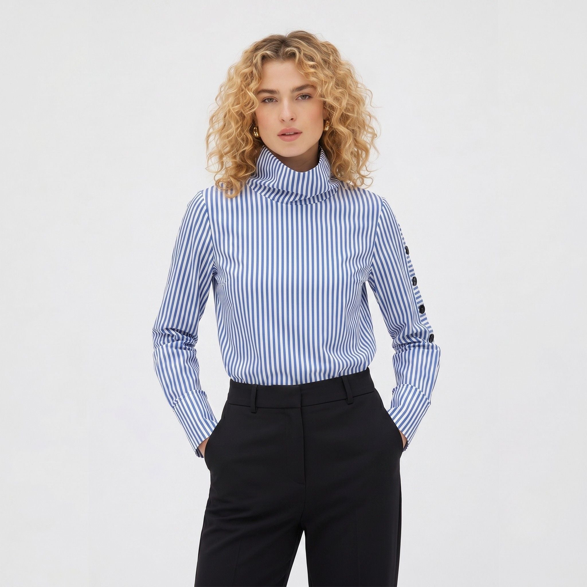 Women's Skivvy Neck Shirt Buttoned Long Sleeve