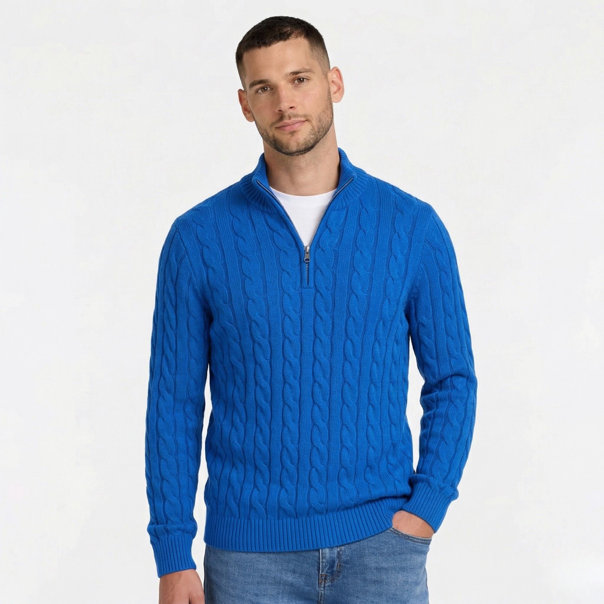 Men's Knit Jumper Cable Quarter-Zip Funnel Neck Regular Fit