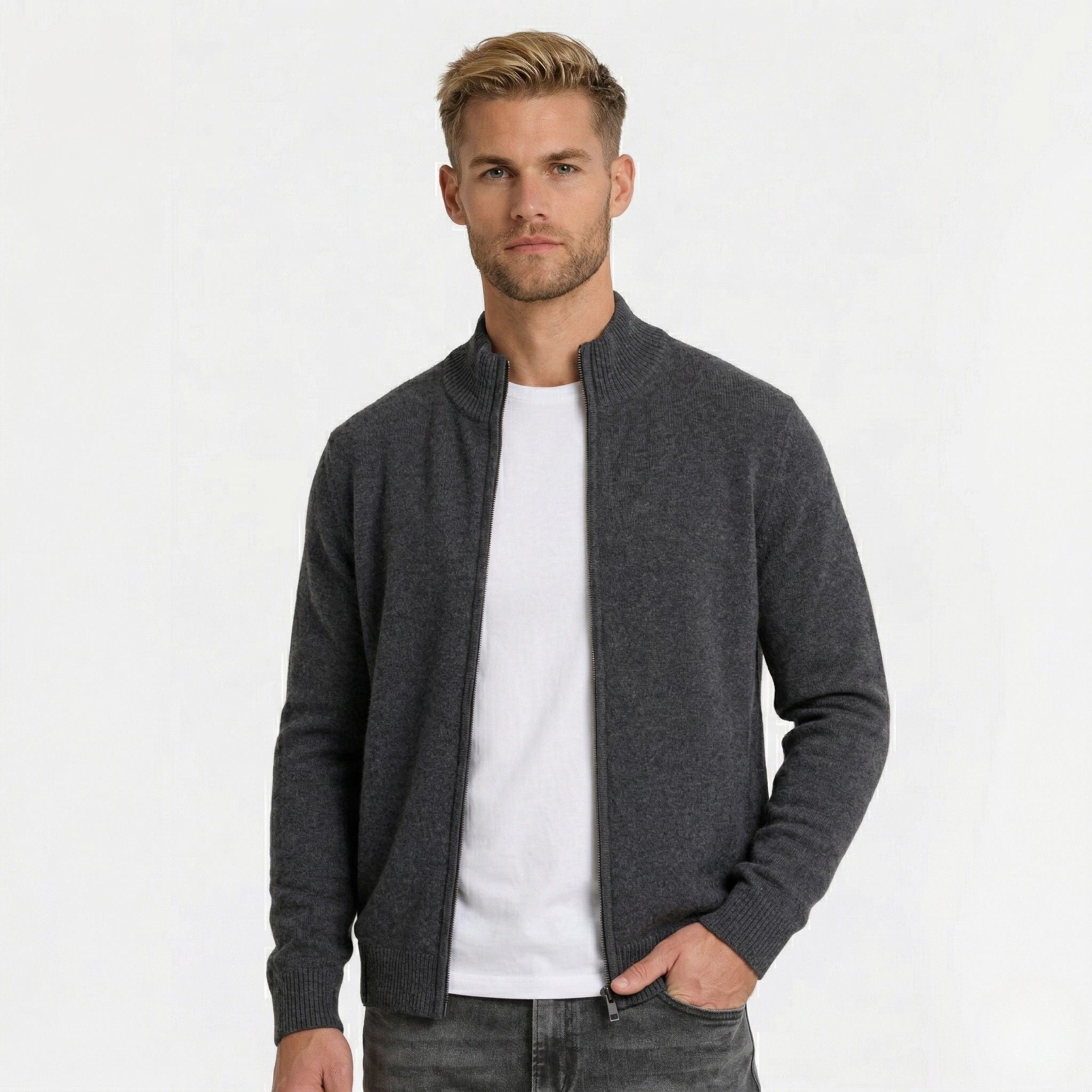 Men's Knit Cardigan Wool-Blend Zip Funnel Neck Regular Fit