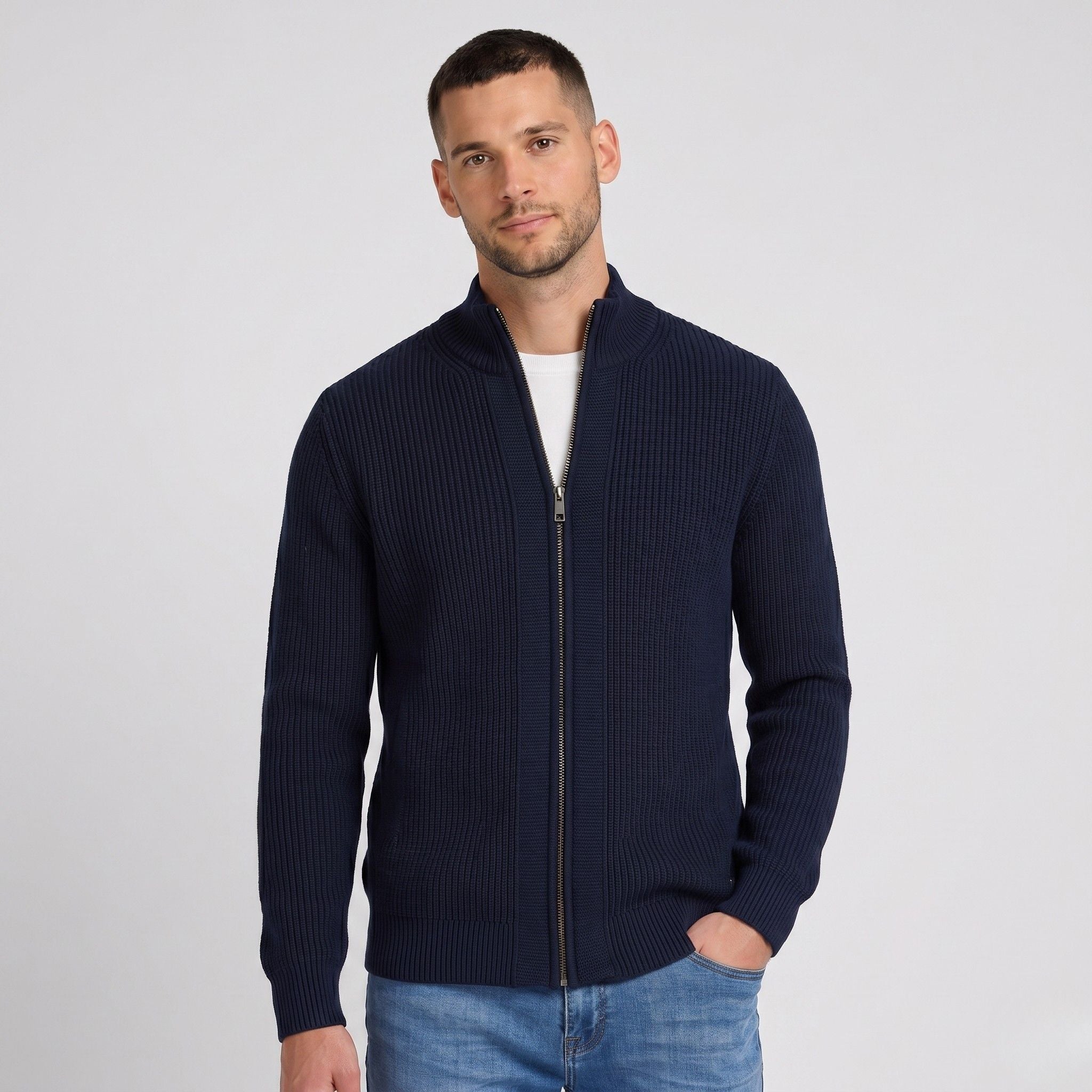Men's Knit Cardigan Ribbed Full-Zip Funnel Neck Regular Fit
