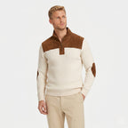 Men's Knit Jumper Quarter-Zip Ribbed Elbow Patches Regular Fit