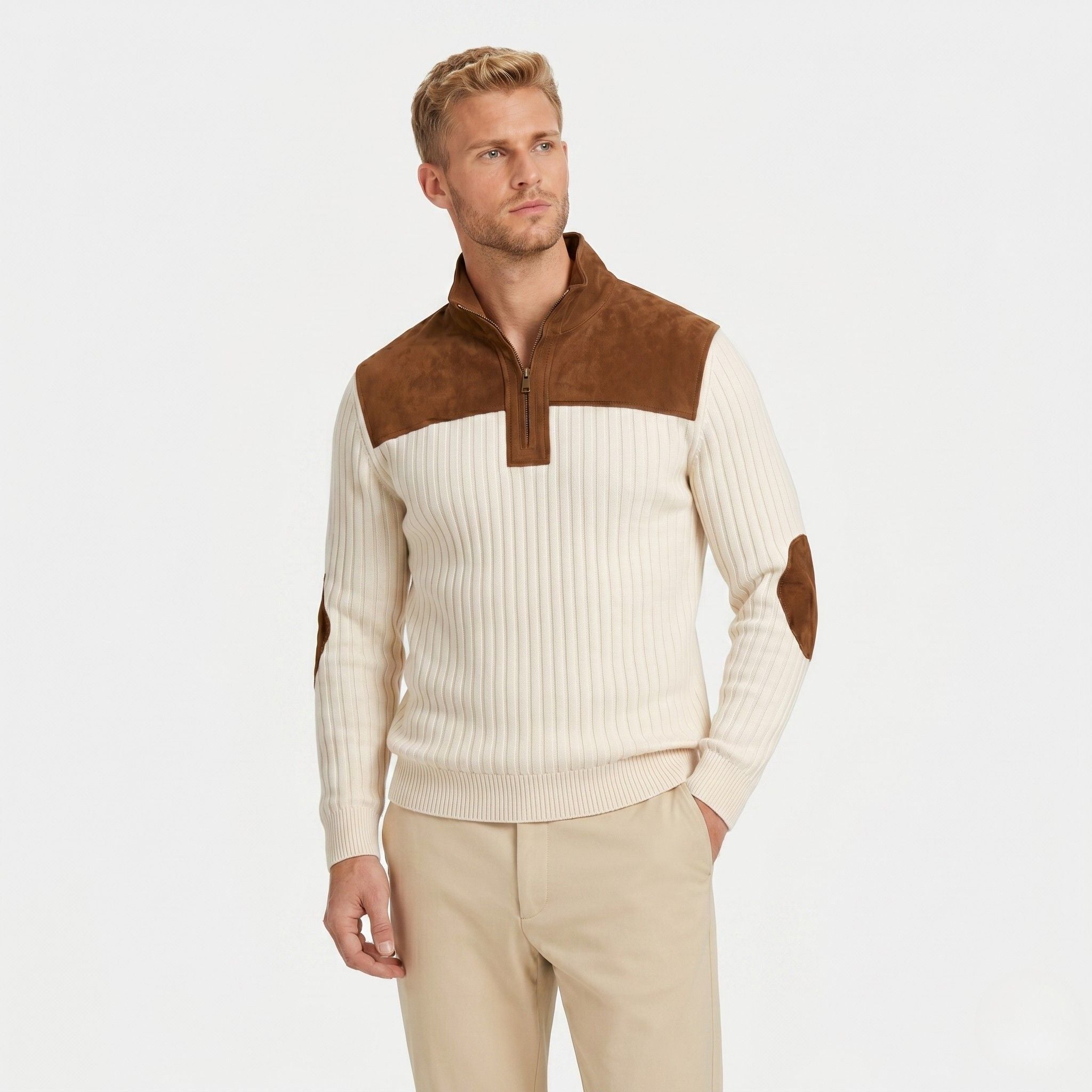Men's Knit Jumper Quarter-Zip Ribbed Elbow Patches Regular Fit