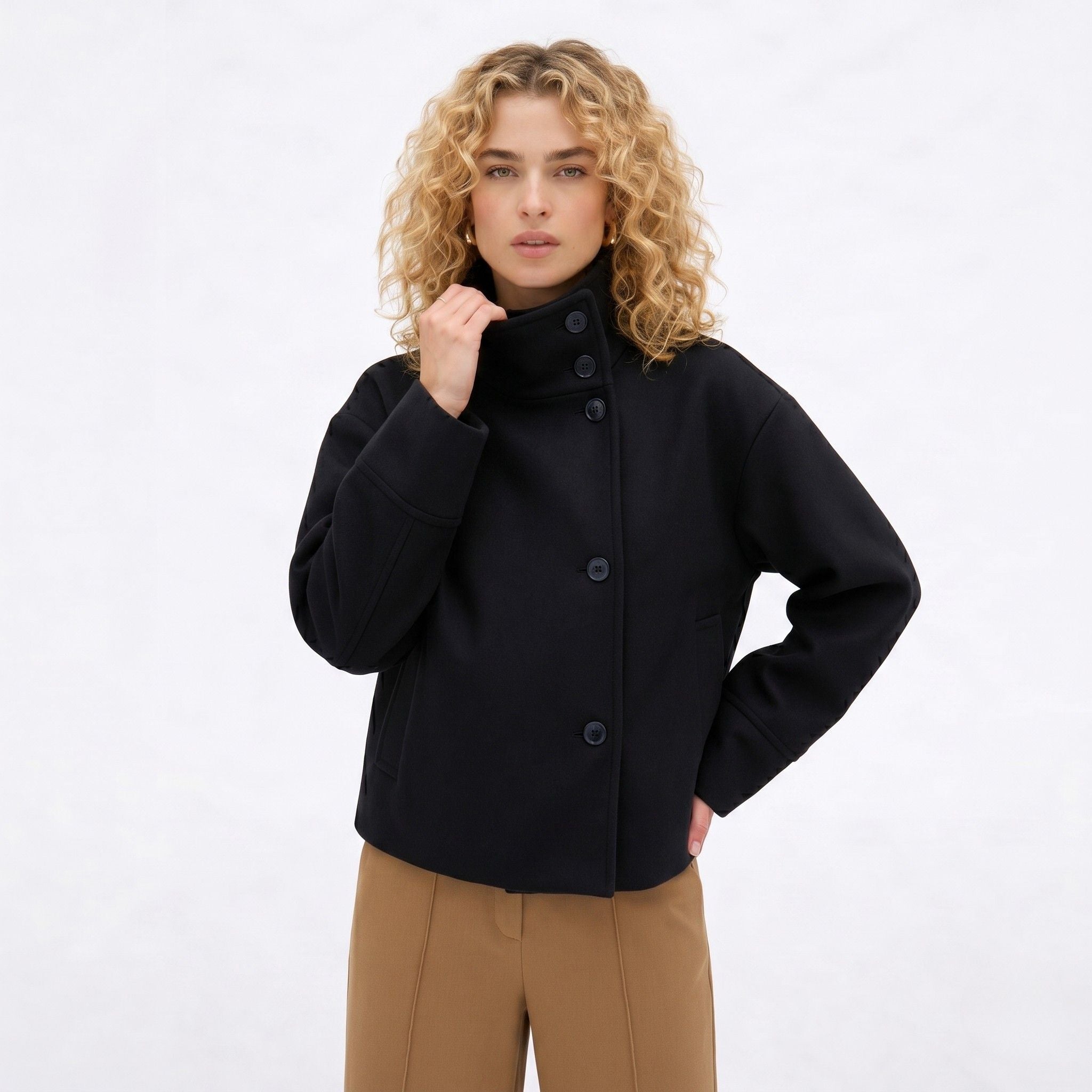 Women's Wool-Blend Coat Jacket Single-Breasted Funnel Neck