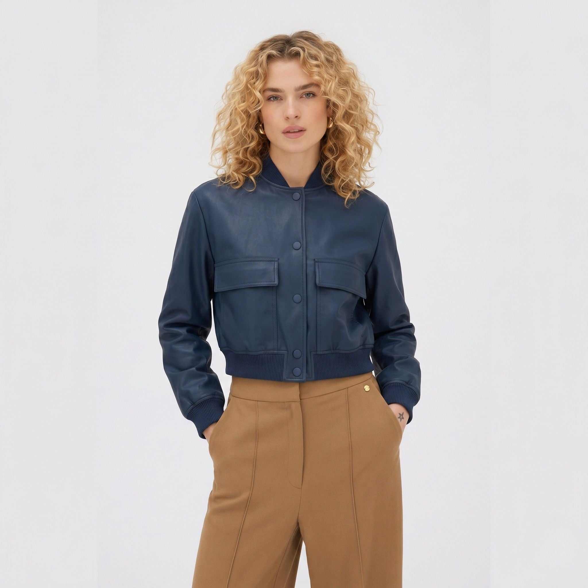 Women's Cropped Bomber Jacket Dual Patch Pocket Regular Fit