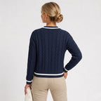 Women's Knit Jumper Cable V-Neck Cricket Stripe Regular Fit