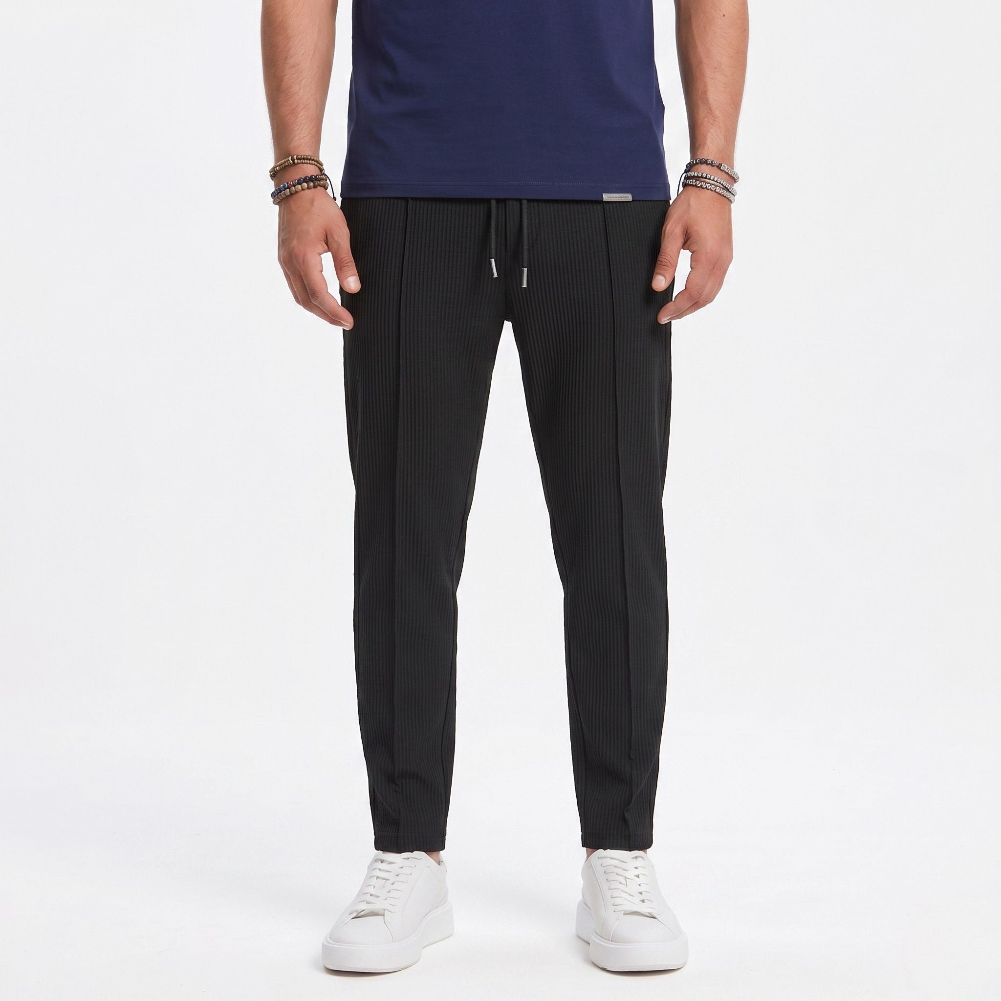 Men's Waffle Knit Trousers Elasticated Drawstring Waist Pintuck Seam Slim Fit