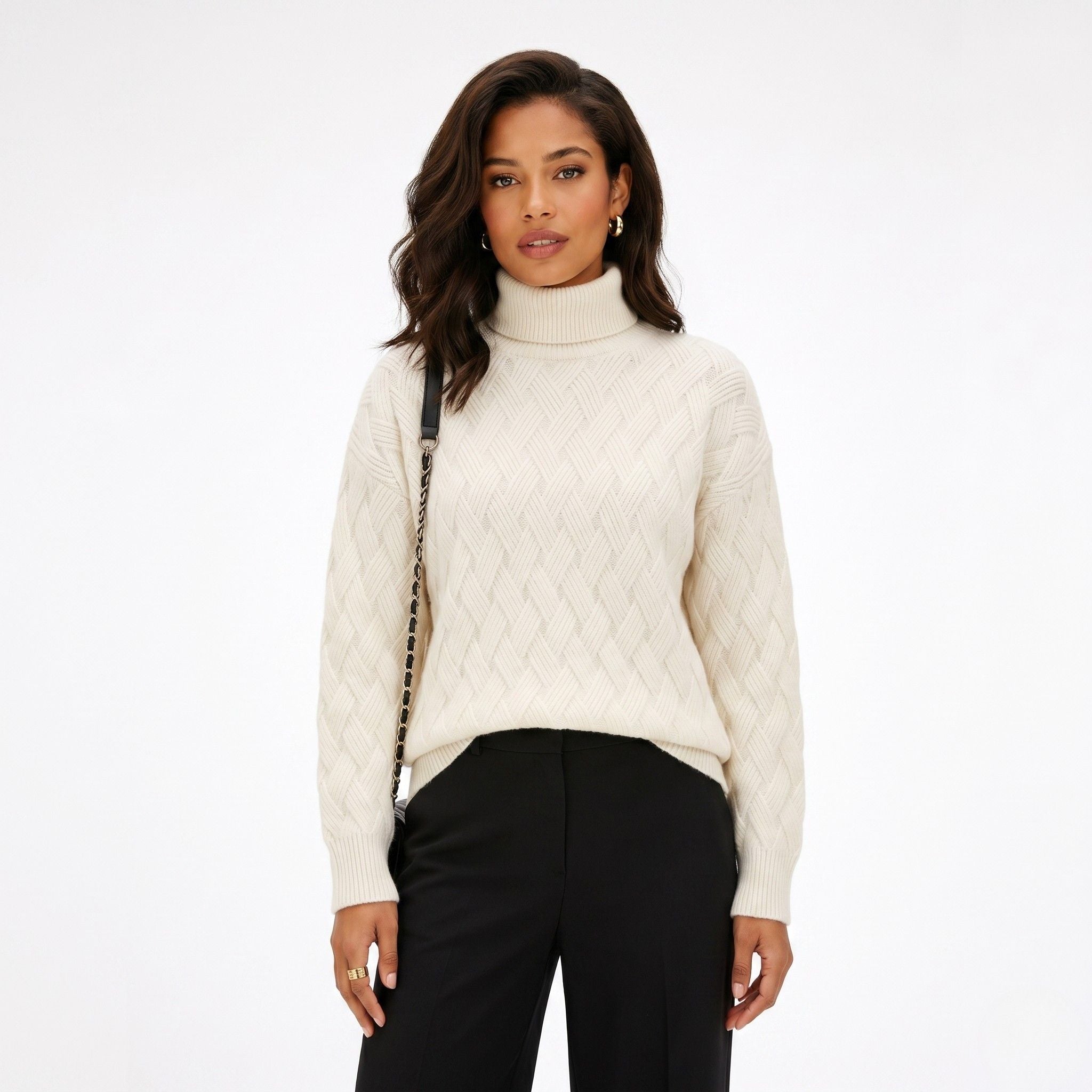 Women's Turtleneck Knit Jumper Basketweave Regular Fit