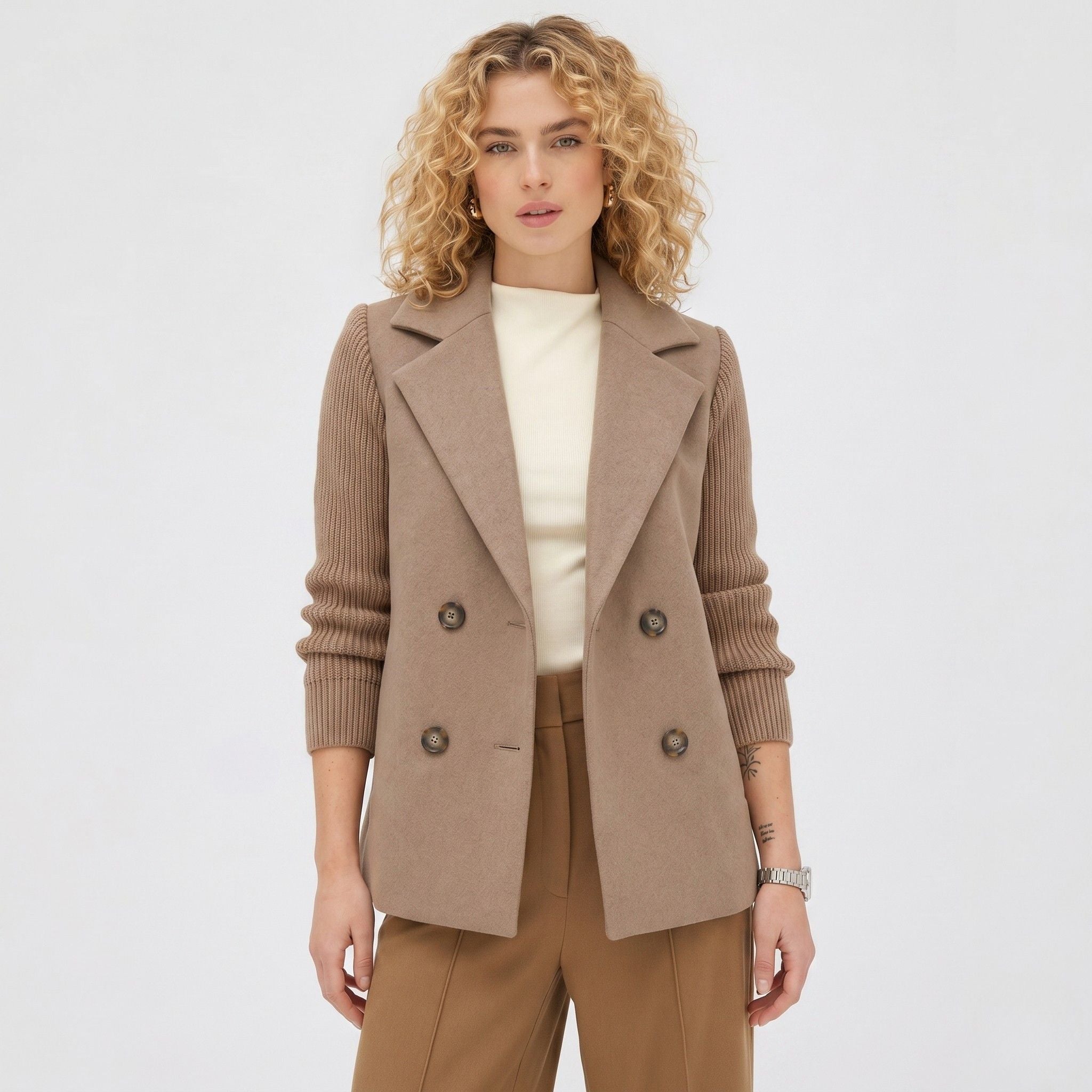 Women's Wool-Blend Jacket Double-Breasted Ribbed Sleeves Notch Lapel Tailored Fit