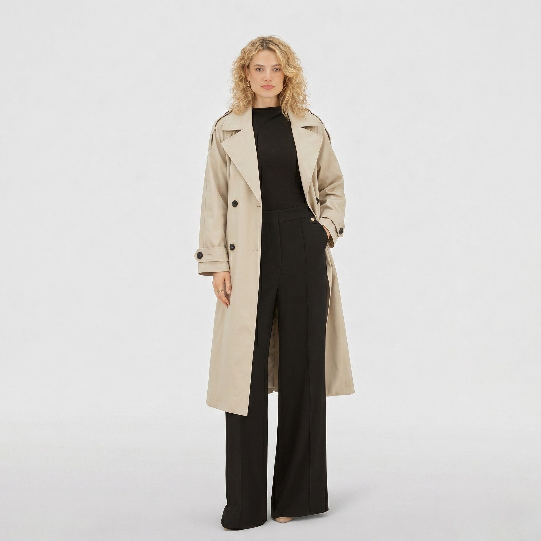Women's Trench Coat Double-Breasted Belted Longline Relaxed Fit
