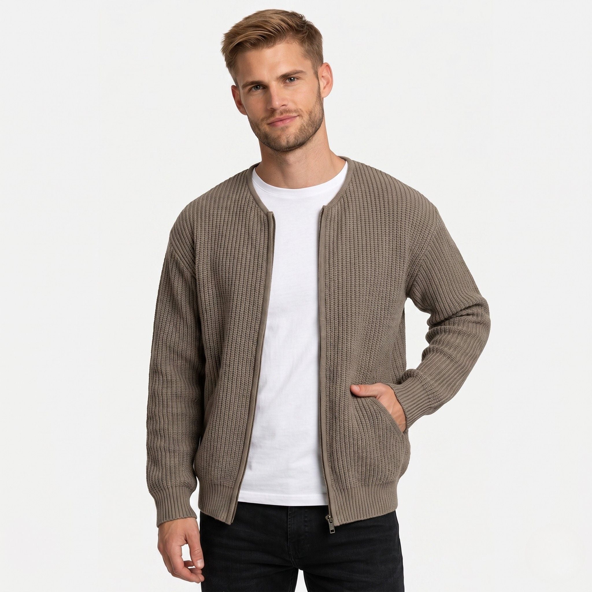 Men's Knit Cardigan Zip Ribbed Regular Fit