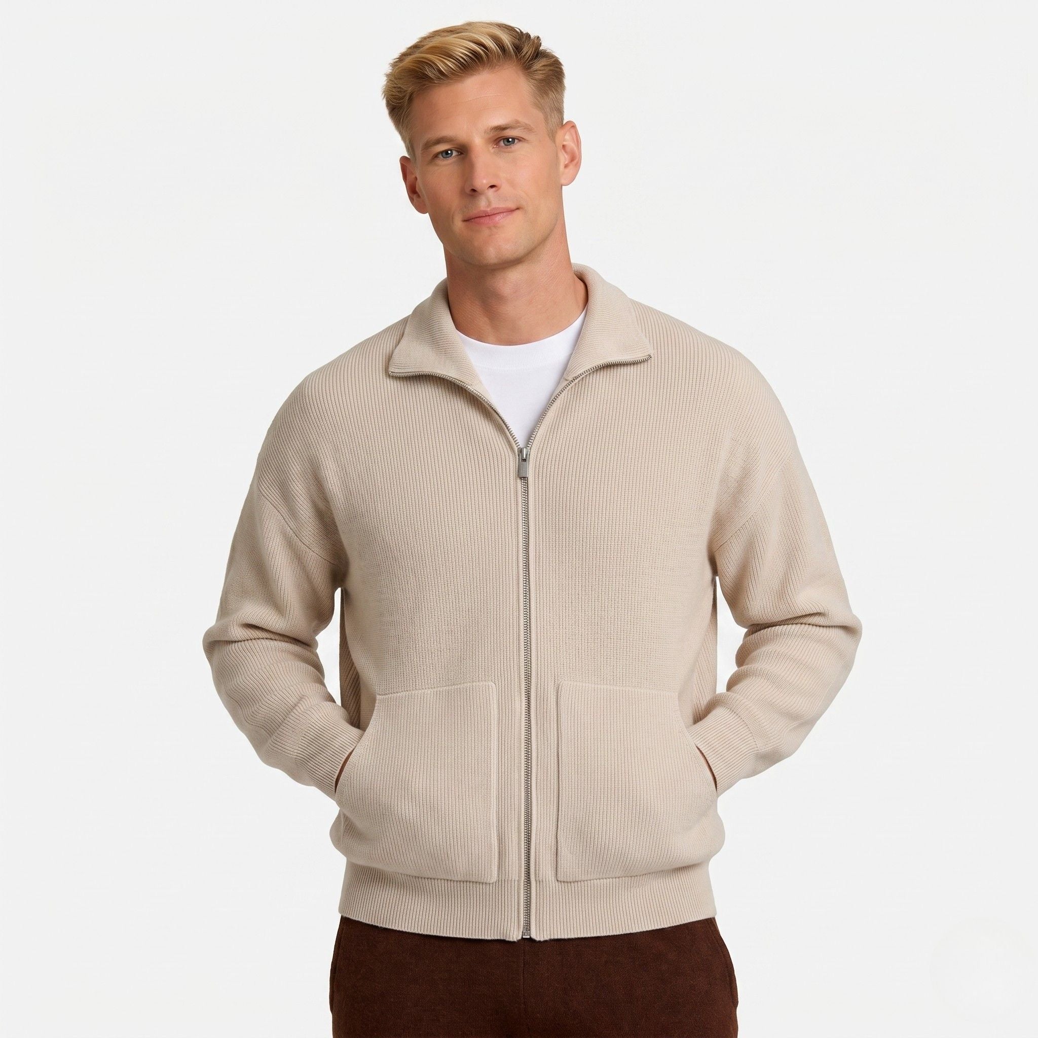 Men's Knit Cardigan Ribbed Zip Regular Fit