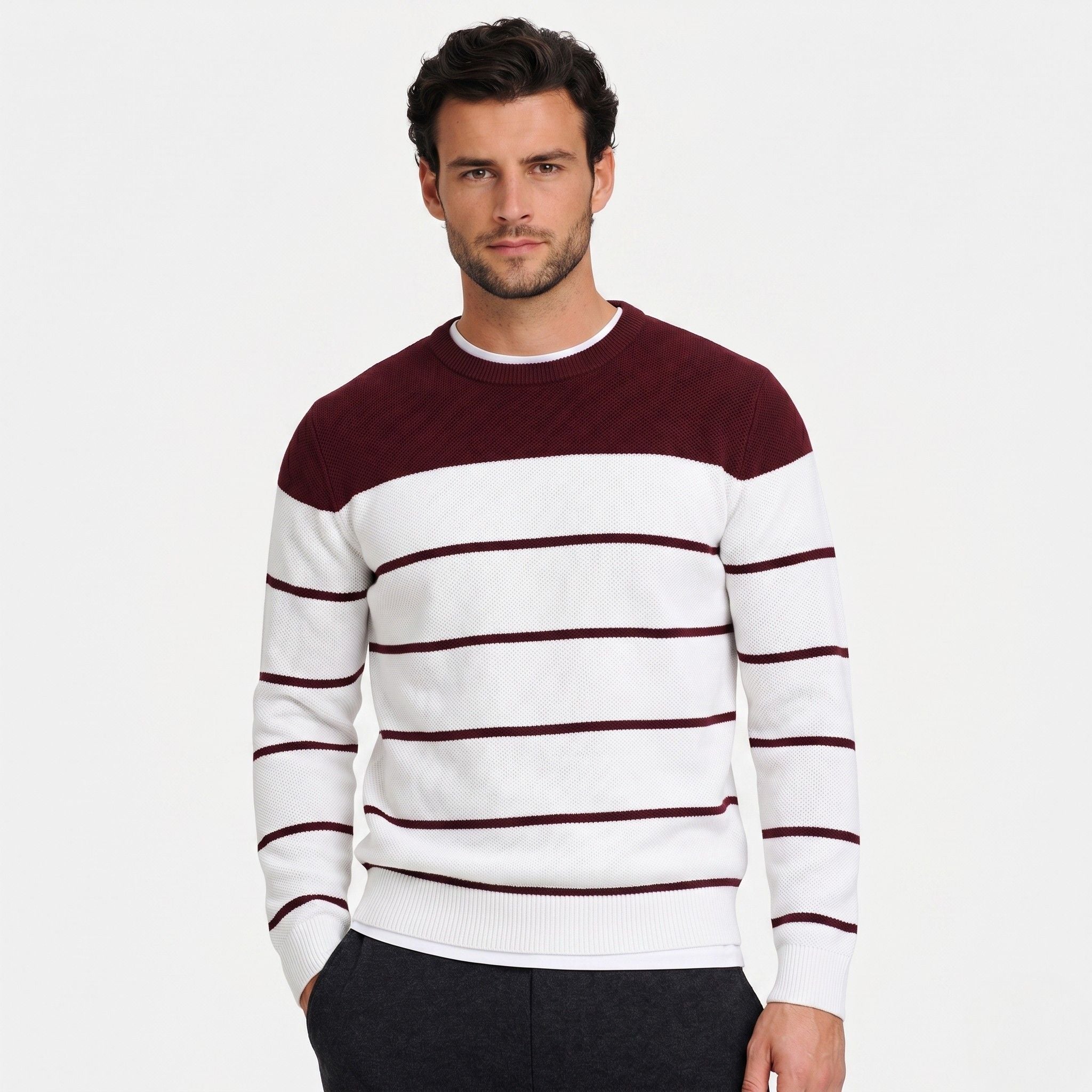Men's Stripe Jumper Crew Neck Colour Block Regular Fit