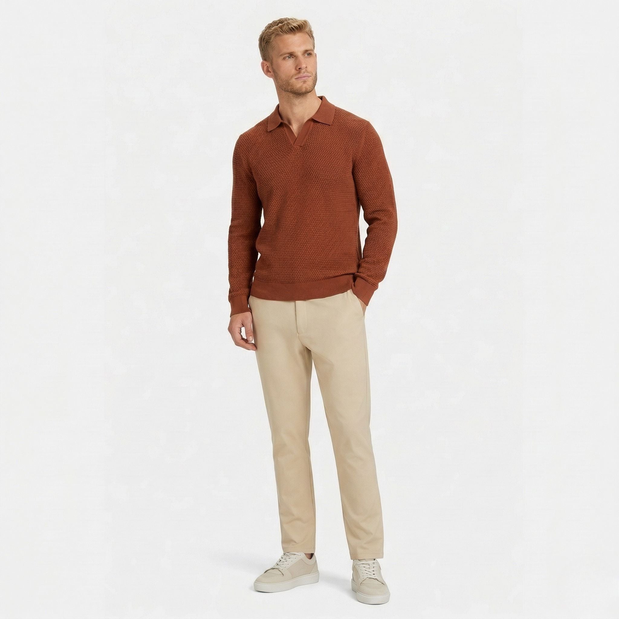 Men's Knit Polo Ribbed Long Sleeve Open Collar Regular Fit