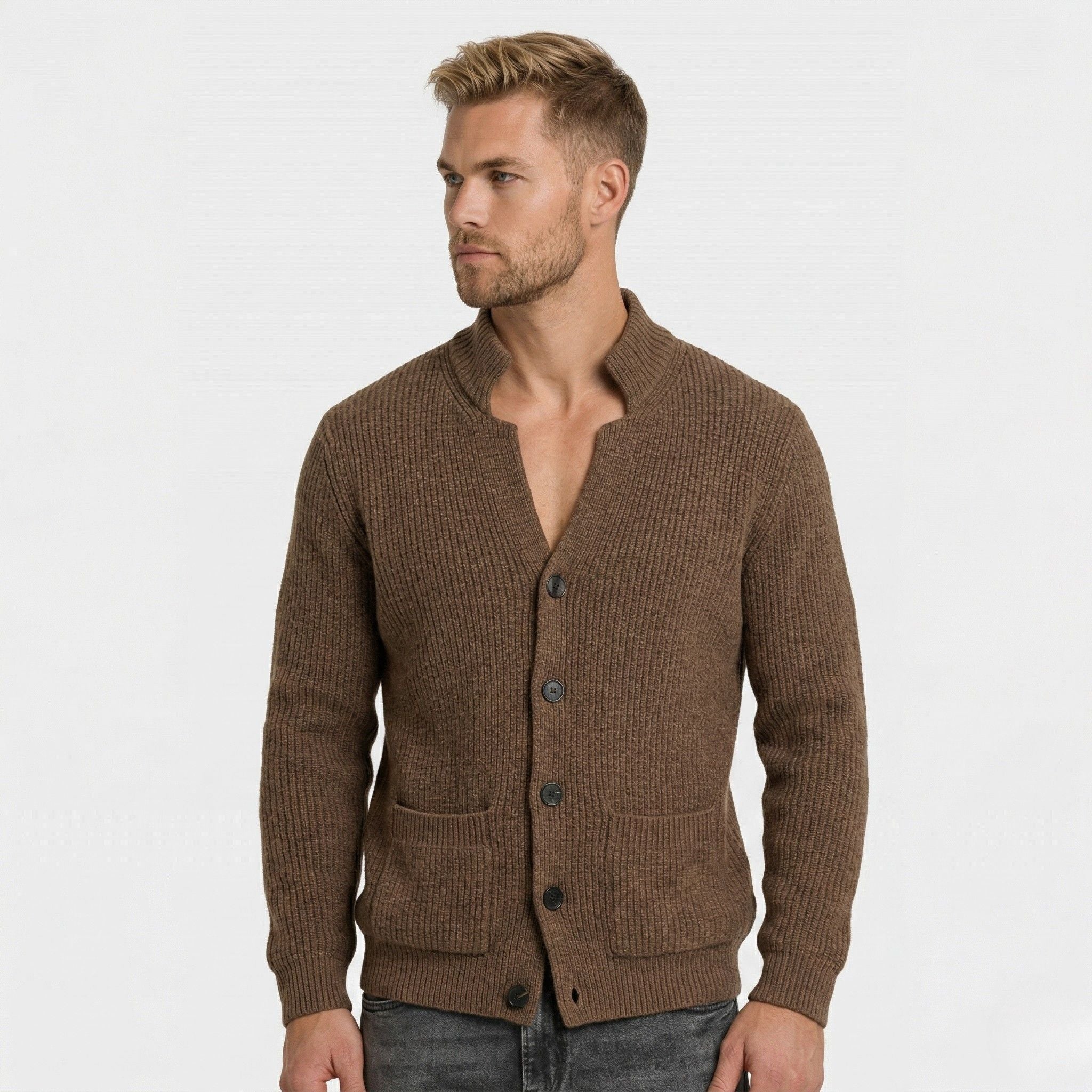 Men's Knit Cardigan Ribbed Patch Pocket Regular Fit