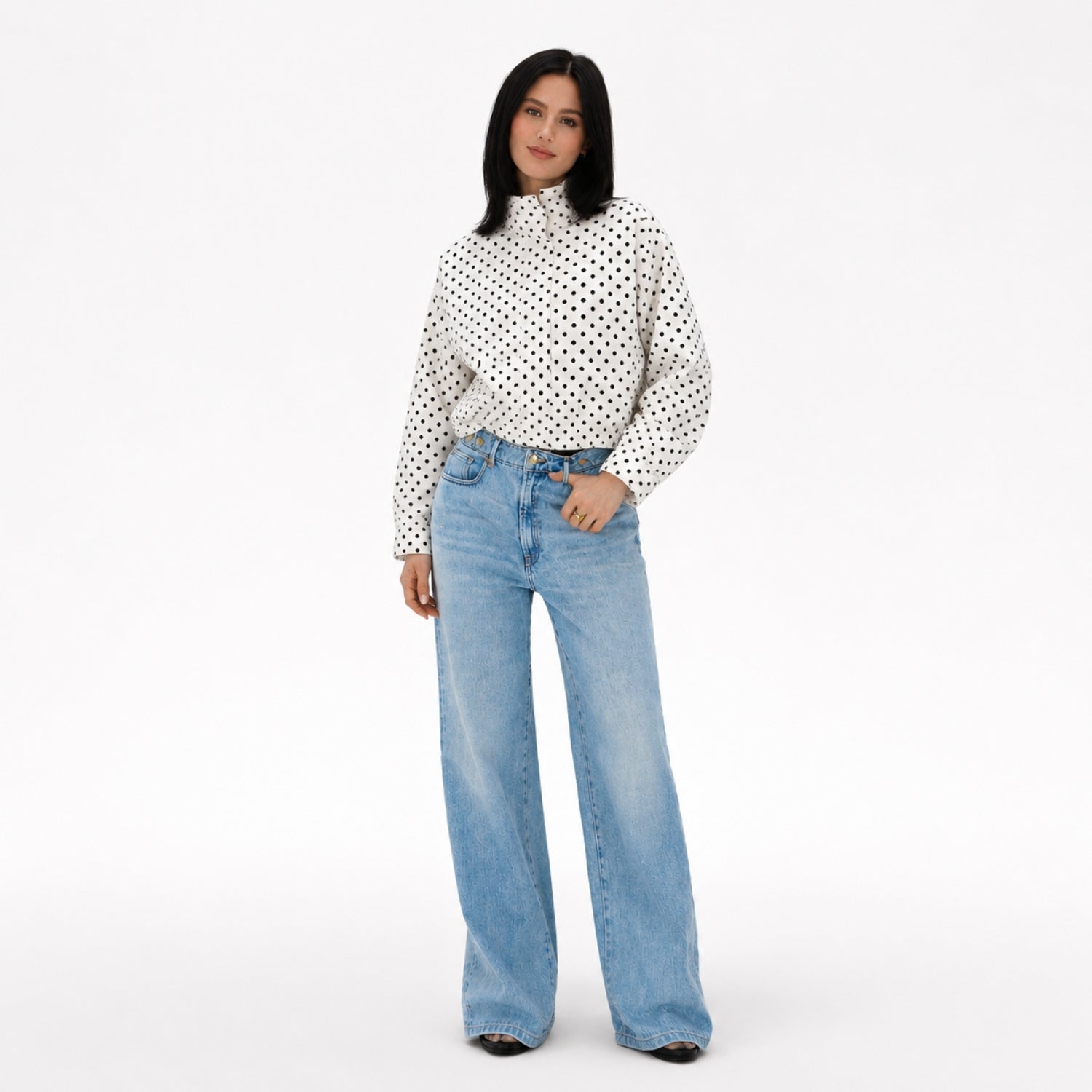Women's Polka Dot Jacket Funnel Neck Cropped Fit