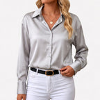 Women's Satin Blouse Long Sleeve Button-Down Point Collar Relaxed Fit