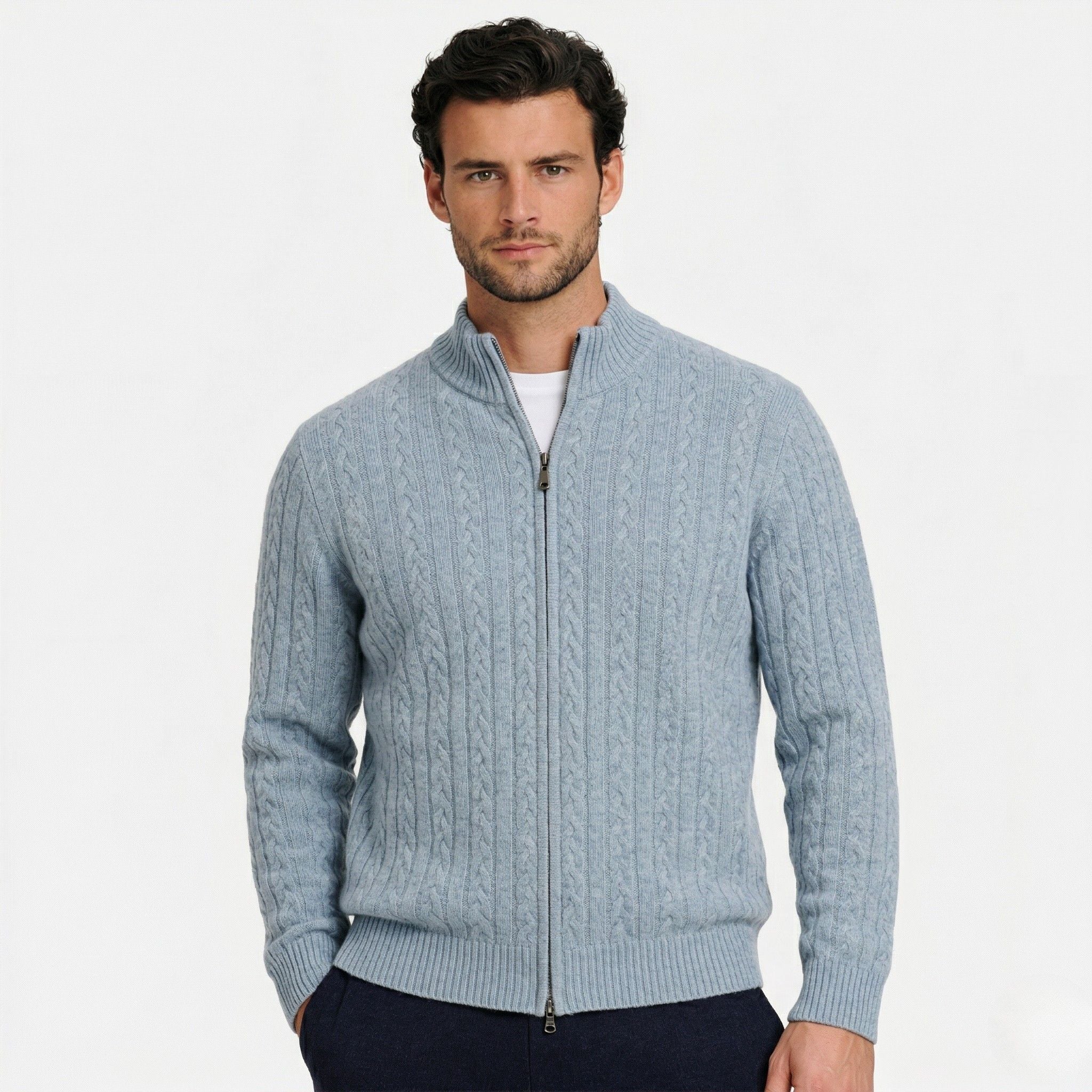 Men's Knit Jumper Cardigan Full-Zip Cable Regular Fit