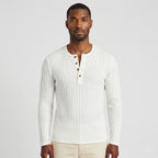 Men's Ribbed Knit Henley Top Long Sleeves Slim Fit