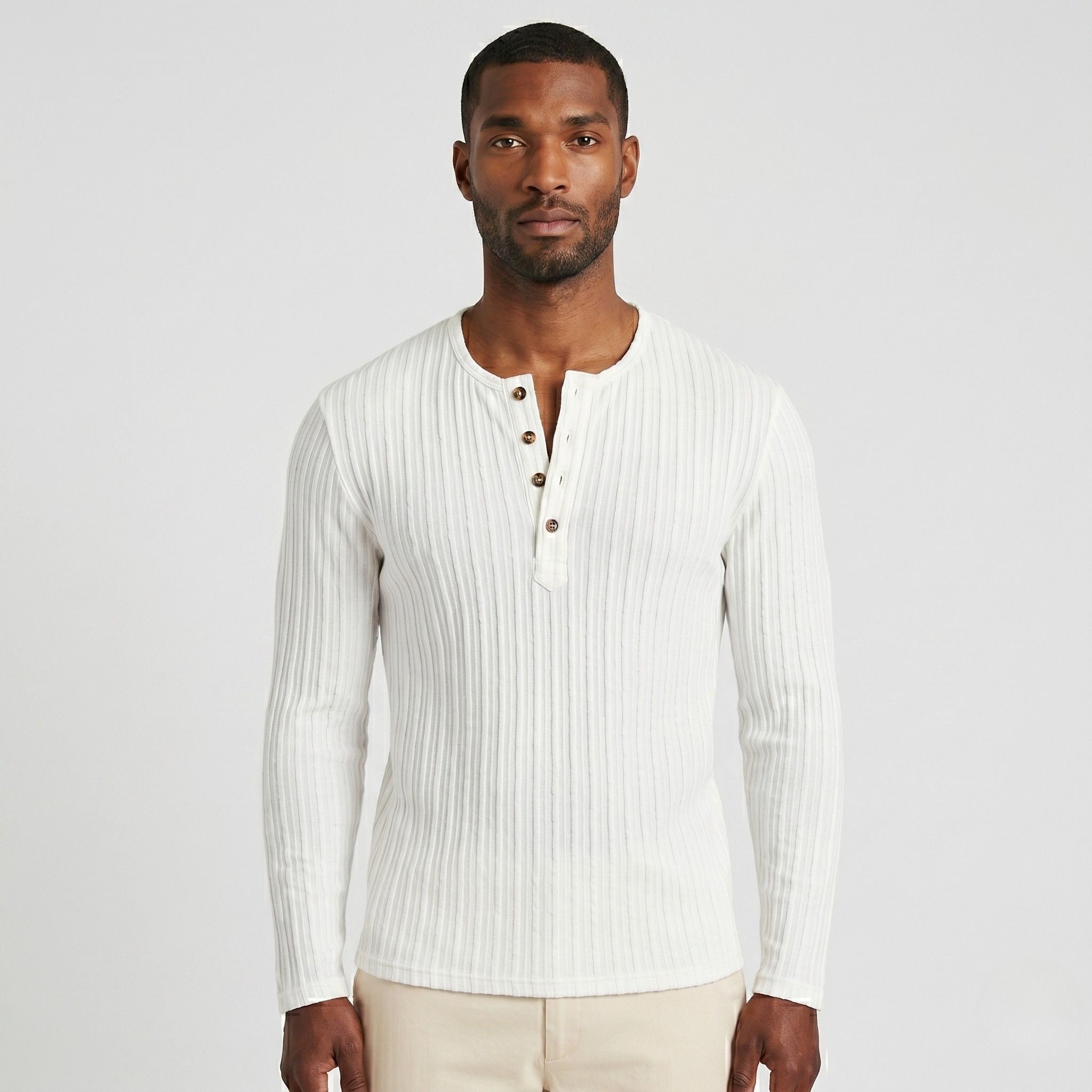 Men's Ribbed Knit Henley Top Long Sleeves Slim Fit